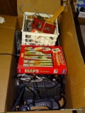 (B2) BOX CONTAINING A SONY CORDLESS PHONE SYSTEM, SOME VARIOUS ELECTRICAL WIRES, A MANUAL MASSAGER,