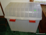 (MB) LARGE CLEAR TOTE ON WHEELS. 32''X22''X27''