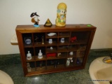 (MBB) SMALL WALL HANGING KNICK KNACK CASE WITH MINIATURES. 16''X12.5'' 22 TOTAL SMALL COMPARTMENTS