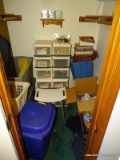 (MBB) CLOSET LOT. INCLUDES 4 - 3 DRAWER STORAGE CONTAINERS, 5 LARGE TOTES (SOME FILLED WITH