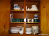 (K) CABINET 1. SET OF WHITE WARE DISHES, ASSORTED COFFEE MUGS, SALT AND PEPPER SHAKERS, BOWLS,