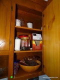 (K) CABINET 3. INCLUDES COFFEE, A LARGE WOODEN SALAD BOWL, COFFE BEAN GRINDER, GLASS SALAD BOWL,