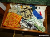 (K) 4 DRAWER LOT. INCLUDES VARIOUS HAND TOWELS, ROLLING PINS, ELECTRIC KNIVES, A HAND MIXER, AND