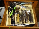 (K) CABINET 8 AND DRAWER ABOVE. INCLUDES A MELON BALLER, A MEASURING SPOON, FLATWARE, DOUBLE BOILER,