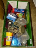 (K) BOX LOT INCLUDING SOME PLASTIC WARE, LIGHT BULBS, SILVER-PLATE BASKET, AND MORE
