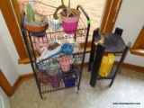 (K) SMALL ROLLING WIRE RACK WITH PLANTERS. INCLUDES A MINIATURE BIRD HOUSE, NUMEROUS FLOWER