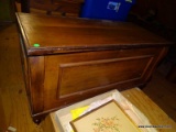 (A) VINTAGE PINE CEDAR CHEST. 41''X18.5''X18'' 1 OF THE HINGES IN OFF.