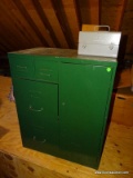 (A) METAL CABINET WITH 2 FILE DRAWER, LOCKING DOOR TO THE RIGHT, AND 2 SMALL DRAWERS