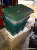 (G) STACK OF PLASTIC STORAGE TOTES. 4 TOTAL