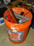 (G) HOME DEPOT BUCKET THAT CONTAINS HAMMERS, CHAIN SAW BLADES, CAULK GUNS, AND MORE.