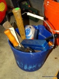 (G) BLUE BUCKET FILLED WITH SMALL HAND TOOLS. INCLUDES A HAMMER, A IMPACT DRIVER, A CLENCH WRENCH,