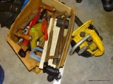 (G) BOX FILLED WITH TOOLS. INCLUDES HACK SAWS, A DRILL, SOME SHEARS, A RUBBER MALLET, ETC.