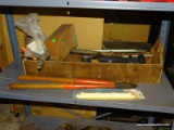 (G) VINTAGE WOOD TOOL BOX WITH TOOLS. INCLUDES SOME CHAIN, SCREW DRIVERS, PIPE WRENCHES, A VINTAGE