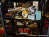 (G) CONTENTS OF RACK. INCLUDES SOME ALUMINUM HEATER VENT HOSE, A BOOT SCRUBBER, A PLUNGER, A LCD