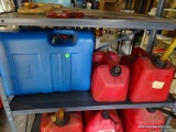 (G) SHELF LOT OF GAS CANS THAT INCLUDES A BLUE 6 GAL. CAN, A RED 2 GAL. CAN, AND A RED 2.5 GAL CAN