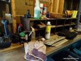 (G) CONTENTS OF WORK BENCH. INCLUDES A WIRE SCRUB BRUSH, A COUPLE OF OIL CANS, A RYOBI 18 VOLT