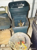 (S) 3 ASSORTED TRASH CANS WITH CONTENTS, INCLUDES A HOSE RACK, STATIONARY, GREETING CARDS, ETC.