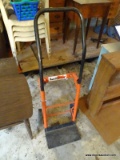 (S) SMALL 4 WHEEL HAND TRUCK. ORANGE AND BLACK IN COLOR