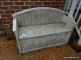 (SOH) PLASTIC HIDE AWAY BENCH WITH CONTENTS. MADE BY SUNCAST 52''X21''X34''