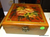(LR) FLORAL DECORATED SPARE JEWELRY BOX WITH CONTENTS. INCLUDES A PAIR OF SWANK CUFF LINKS, A