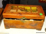 (LR) CEDAR JEWELRY BOX WITH CONTENTS. INCLUDES 5 LADIES WATCHES, A KEY RING POCKET KNIFE, A COPPER