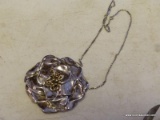 (LR) LARGE STERLING SILVER SIGNED BROOCH/PENDANT OF A ROSE 3.5'' ACROSS, CHAIN IS 22''. WEIGHS 64