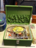 (LR) GREEN QUILTED SEWING BOX WITH CONTENTS SUCH AS BUTTONS, THREAD, ETC.