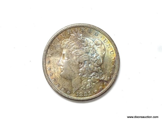 1881-S GEM 66+ FULL STRIKE MORGAN SILVER DOLLAR, NATURAL TONING, RARE.