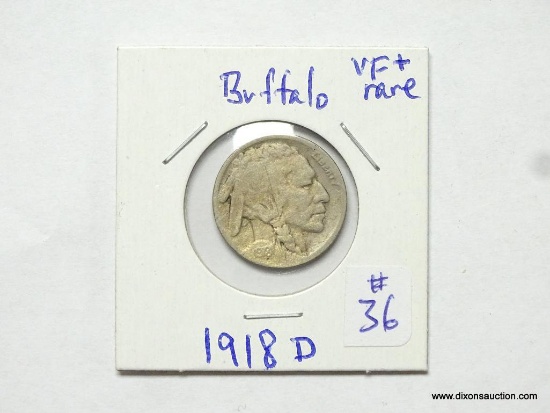 1918-D VF+ BUFFALO NICKEL, RARE.