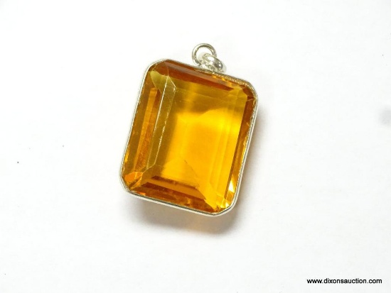 UNISEX .925 STERLING SILVER 71.30 CT. EMERALD CUT CITRINE PENDANT, 34 BY 24 BY 11MM.