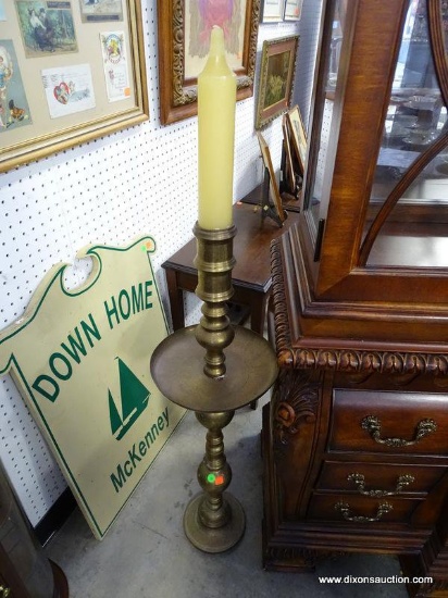 (A1) VERY TALL SOLID BRASS CANDLE STICK HOLDER WITH DRIP TRAY. 37" TALL. DRIP TRAY IS 10.5" ACROSS.