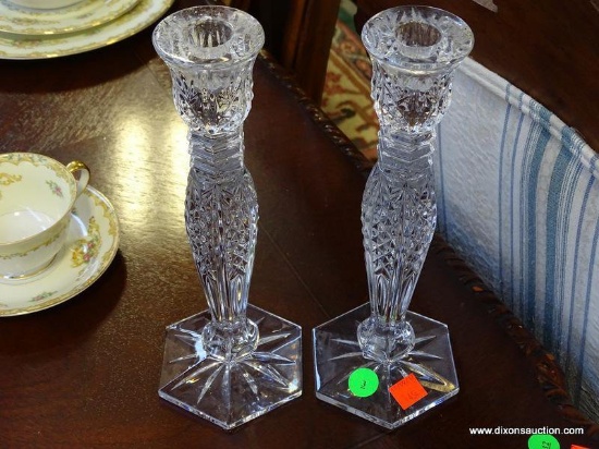 (A1) BEAUTIFUL PAIR OF SIGNED WATERFORD 10" TALL CANDLE STICKS. IN EXCELLENT CONDITION.