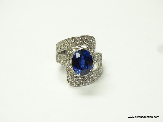 .925 STERLING SILVER GORGEOUS AAA KASHMIR BLUE OVAL SAPPHIRE, ROUND DIAMOND CUT GENUINE WHITE