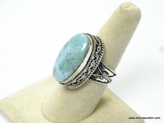 .925 STERLING SILVER DETAILED DOMINICA LARIMAR RING SIZE 7.75 (RETAIL $110.00)