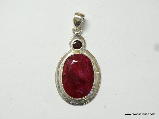 .925 STERLING SILVER 2'' LARGE FACETED NATURAL AFRICAN RED RUBY WITH GARNET ACCENT PENDANT (RETAIL