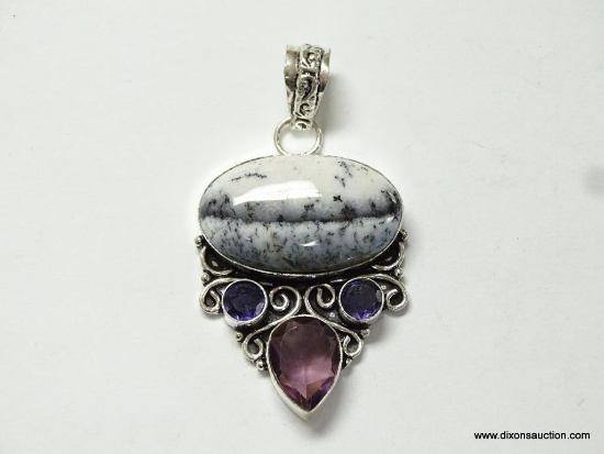 .925 STERLING SILVER 2'' LARGE AMAZING AAA QUALITY DENDRITE OPAL WITH FACETED AMETHYST ACCENTS