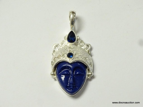 .925 STERLING SILVER 2 1/4'' SPECTACULAR CARVED LAPIS GODDESS FACE WITH FACETED BLUE SAPPHIRE QUARTZ