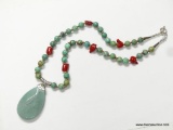 21'' HUGE FACETED DROP 30MMX50MM BLUE GREEN QUARTZ ON 8MM TURQUOISE BEADS WITH RED CORAL BEADS WITH
