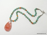 21'' HUGE FACETED DROP 30MMX50MM CHERRY QUARTZ NECKLACE 7MM TURQUOISE BEADS WITH CORAL BEAD ACCENTS