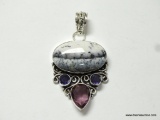 .925 STERLING SILVER 2'' LARGE AMAZING AAA QUALITY DENDRITE OPAL WITH FACETED AMETHYST ACCENTS