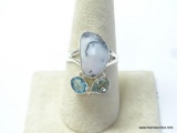 .925 STERLING SILVER UNIQUE DENDRITE OPAL RING WITH FACETED BLUE TOPAZ SIZE 8.75