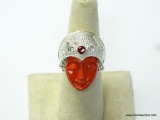 .925 STERLING SILVER UNIQUE CARVED CORAL GODDESS WITH GARNET ACCENT RING SIZE 7 (RETAIL $95.00)