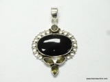 .925 STERLING SILVER 1.5'' LARGE BLACK ONYX CABOCHON WITH FACETED SMOKY TOPAZ PENDANT (RETAIL
