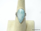 .925 STERLING SILVER PEAR SHAPE LARGE CARIBBEAN LARIMAR DETAILED BAND RING SIZE 7.5 (RETAIL $89.00)