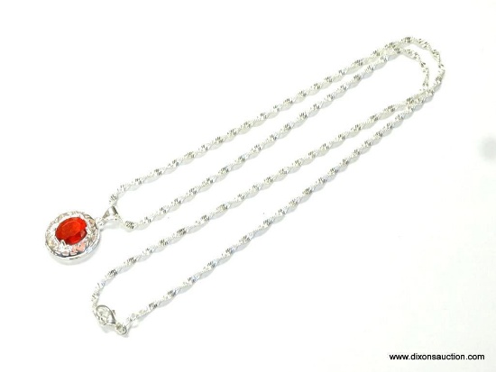 .925 HERRINGBONE TWIST NECKLACE WITH .925 AND RED CRYSTAL PENDANT