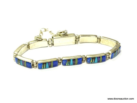 VINTAGE .925 LIME TURQUOISE, BLUE LAPIS, OPAL, AMETHYST, AND BLACK ONYX SAFETY CHAIN BRACELET