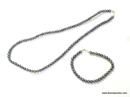 14K AND BLUE IRIDESCENT PEARL NECKLACE WITH MATCHING 14K AND BLUE IRIDESCENT PEARL BRACELET