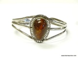 VINTAGE .925 STERLING SILVER NATIVE AMERICAN CUFF BRACELET WITH A LARGE AMBER STONE