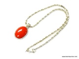 .925 STERLING SILVER LARGE AND HEAVY BARREL LINK NECKLACE WITH HUGE .925 STERLING SILVER AND CORAL