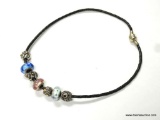 .925 STERLING SILVER PANDORA LEATHER NECKLACE WITH 3 PANDORA CHARMS AND 4 PANDORA BEADS